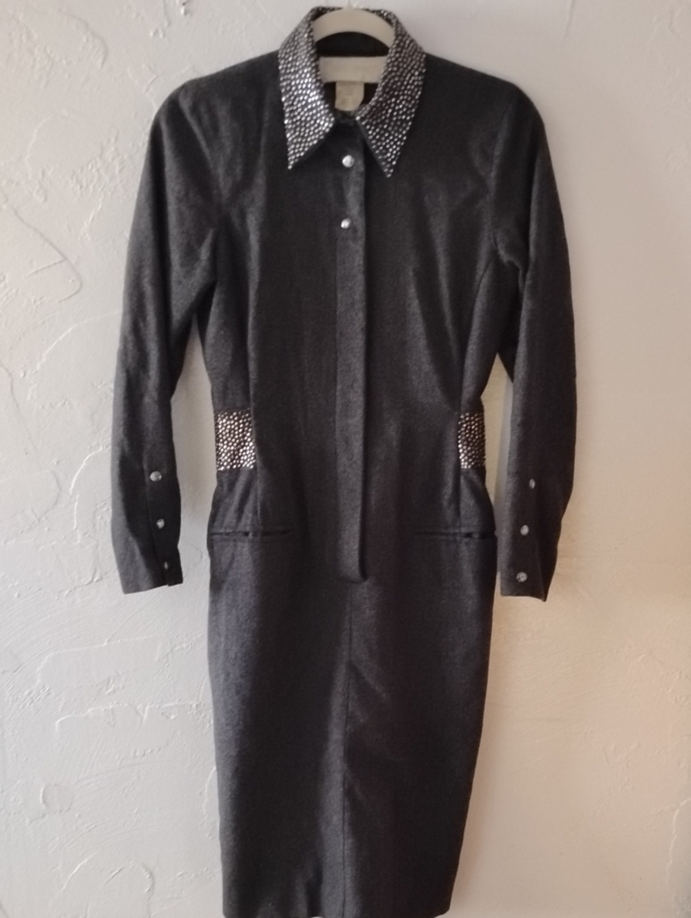 Vintage Claude Montana Long-Sleeve Studded Gray Wool Midi Dress Sz S